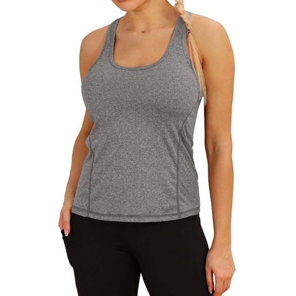 icyzone Women's Like New Racerback Workout Athletic Running Tank Top in Gray - Picture 1 of 5